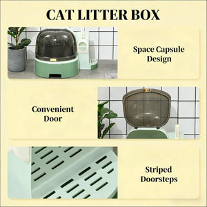 English Elm Covered Cat Litter Box Space Capsule Design Odor Control with Scoop and Entry Ramp T3971P437174