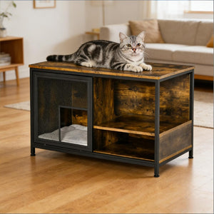 English Elm End Table Cat House with Open Shelves Rustic Brown Wood and Paw Print Steel Panel T3971P437327