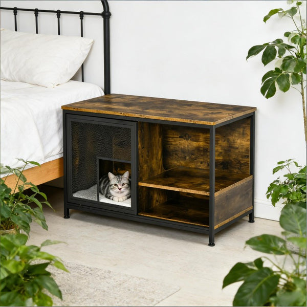 English Elm End Table Cat House with Open Shelves Rustic Brown Wood and Paw Print Steel Panel T3971P437327