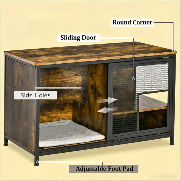 English Elm End Table Cat House with Open Shelves Rustic Brown Wood and Paw Print Steel Panel T3971P437327