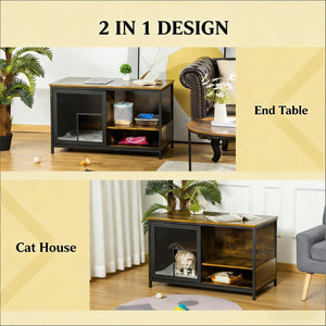 English Elm End Table Cat House with Open Shelves Rustic Brown Wood and Paw Print Steel Panel T3971P437327