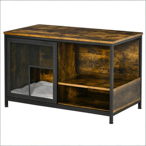 English Elm End Table Cat House with Open Shelves Rustic Brown Wood and Paw Print Steel Panel T3971P437327