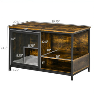 English Elm End Table Cat House with Open Shelves Rustic Brown Wood and Paw Print Steel Panel T3971P437327