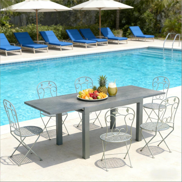 English Elm Outdoor Extendable Aluminum Dining Table Wood-effect Top Seats Eight for Patio T3971P443698