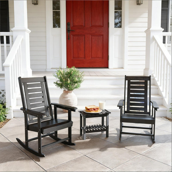 English Elm Black Hdpe High Back Outdoor Rocking Chairs Set of Two for Porch Patio Balcony T3971P444260