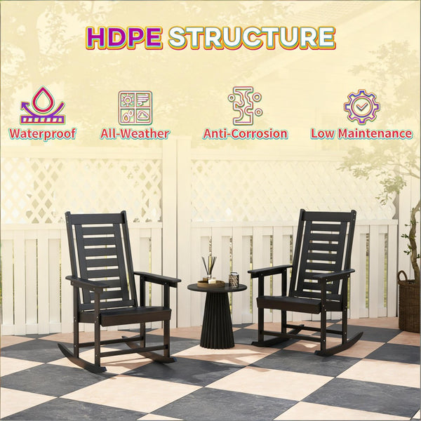 English Elm Black Hdpe High Back Outdoor Rocking Chairs Set of Two for Porch Patio Balcony T3971P444260