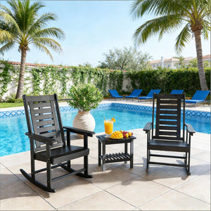 English Elm Black Hdpe High Back Outdoor Rocking Chairs Set of Two for Porch Patio Balcony T3971P444260