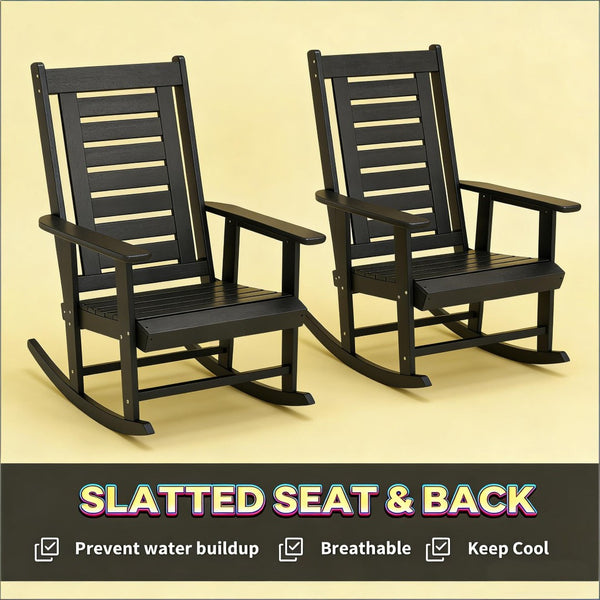 English Elm Black Hdpe High Back Outdoor Rocking Chairs Set of Two for Porch Patio Balcony T3971P444260