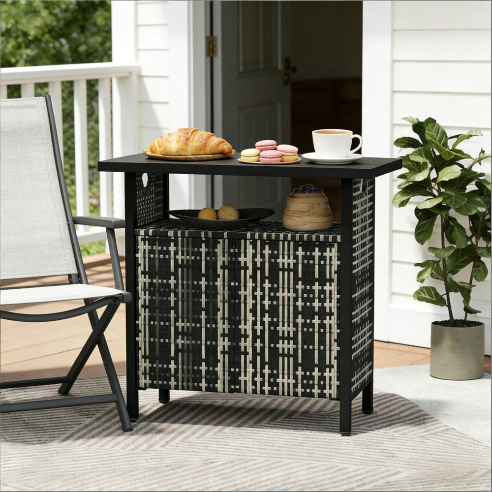 English Elm Outdoor Pe Rattan Storage Cabinet with Bar Top for Poolside Patio Organization T3971P469227