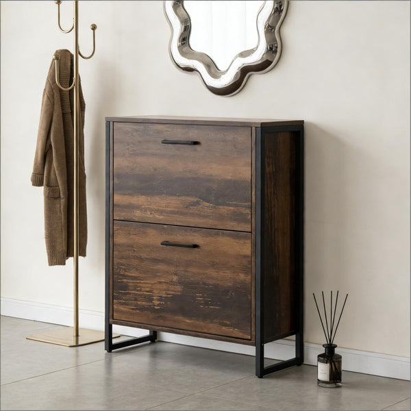 English Elm Freestanding Entryway Shoe Cabinet with Steel Frame and Wood Grain Flip Door Storage T3971P470178