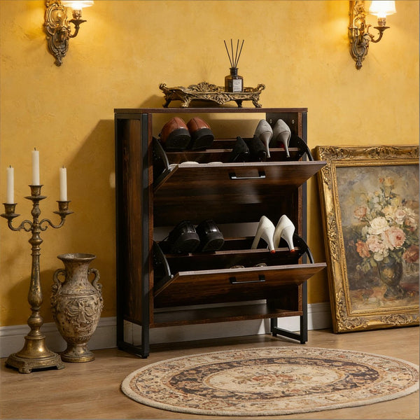 English Elm Freestanding Entryway Shoe Cabinet with Steel Frame and Wood Grain Flip Door Storage T3971P470178