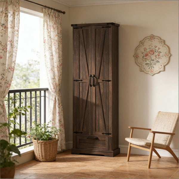 English Elm Classic Farmhouse Pantry Cabinet Barn Door Style with Drawer and Adjustable Shelves T3971P489403