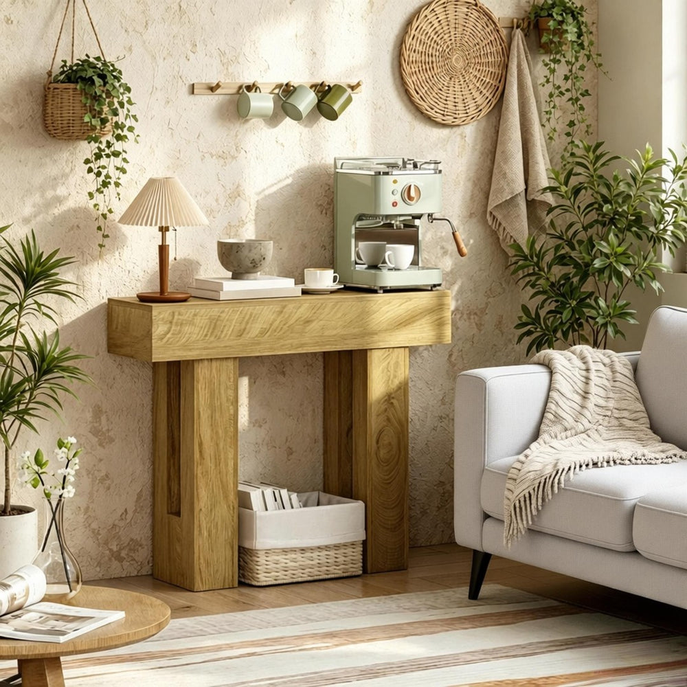 English Elm Narrow Farmhouse Console Table Slim Oak Finish Sofa or Entryway Accent with Lower Shelf T3971P500034