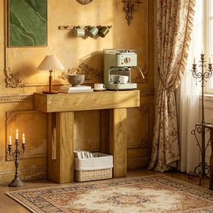 English Elm Narrow Farmhouse Console Table Slim Oak Finish Sofa or Entryway Accent with Lower Shelf T3971P500034
