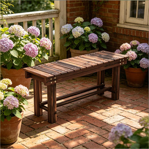 English Elm Modern Carbonized Fir Wood Outdoor Bench Slatted Two-person Patio Garden Seat T3971P500527