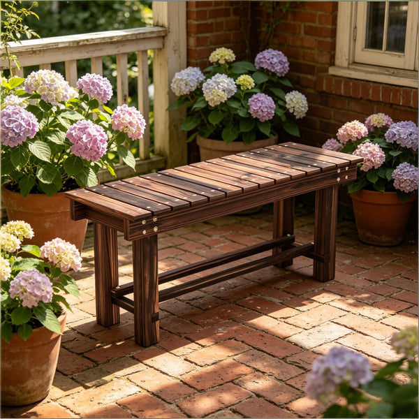 English Elm Modern Carbonized Fir Wood Outdoor Bench Slatted Two-person Patio Garden Seat T3971P500527