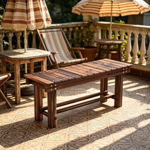 English Elm Modern Carbonized Fir Wood Outdoor Bench Slatted Two-person Patio Garden Seat T3971P500527