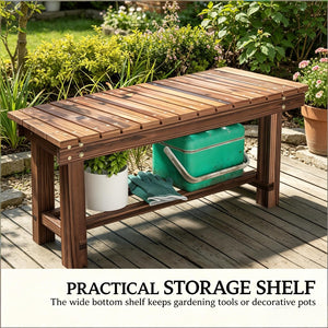 English Elm Modern Carbonized Fir Wood Outdoor Bench Slatted Two-person Patio Garden Seat T3971P500527