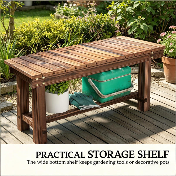 English Elm Modern Carbonized Fir Wood Outdoor Bench Slatted Two-person Patio Garden Seat T3971P500527