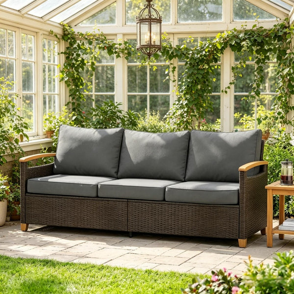 English Elm Comfort Outdoor PE Wicker Three Seat Sofa with Deep Cushions for Patio Living T3971P502089