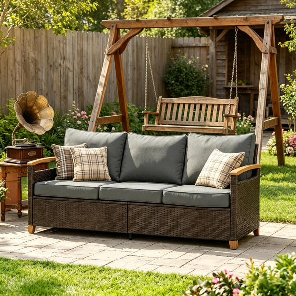 English Elm Comfort Outdoor PE Wicker Three Seat Sofa with Deep Cushions for Patio Living T3971P502089