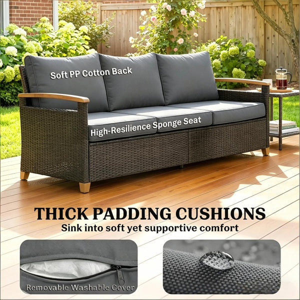 English Elm Comfort Outdoor PE Wicker Three Seat Sofa with Deep Cushions for Patio Living T3971P502089