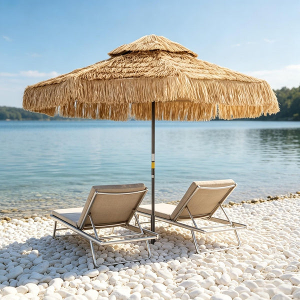 English Elm Straw Tassel Patio Umbrella Double Tier Vented Canopy Resort Style Outdoor Shade T3971P502180