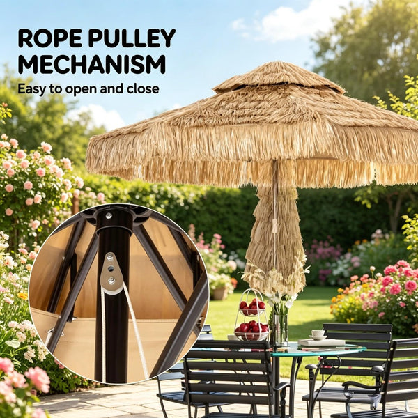 English Elm Straw Tassel Patio Umbrella Double Tier Vented Canopy Resort Style Outdoor Shade T3971P502180