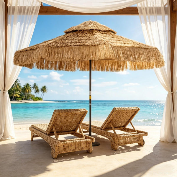 English Elm Straw Tassel Patio Umbrella Double Tier Vented Canopy Resort Style Outdoor Shade T3971P502180