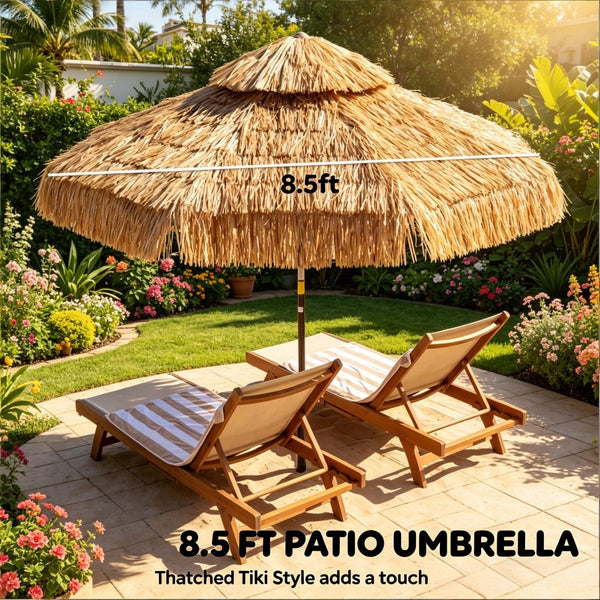 English Elm Straw Tassel Patio Umbrella Double Tier Vented Canopy Resort Style Outdoor Shade T3971P502180