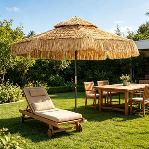 English Elm Straw Tassel Patio Umbrella Double Tier Vented Canopy Resort Style Outdoor Shade T3971P502180