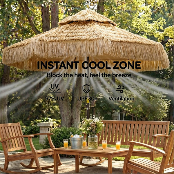 English Elm Straw Tassel Patio Umbrella Double Tier Vented Canopy Resort Style Outdoor Shade T3971P502180