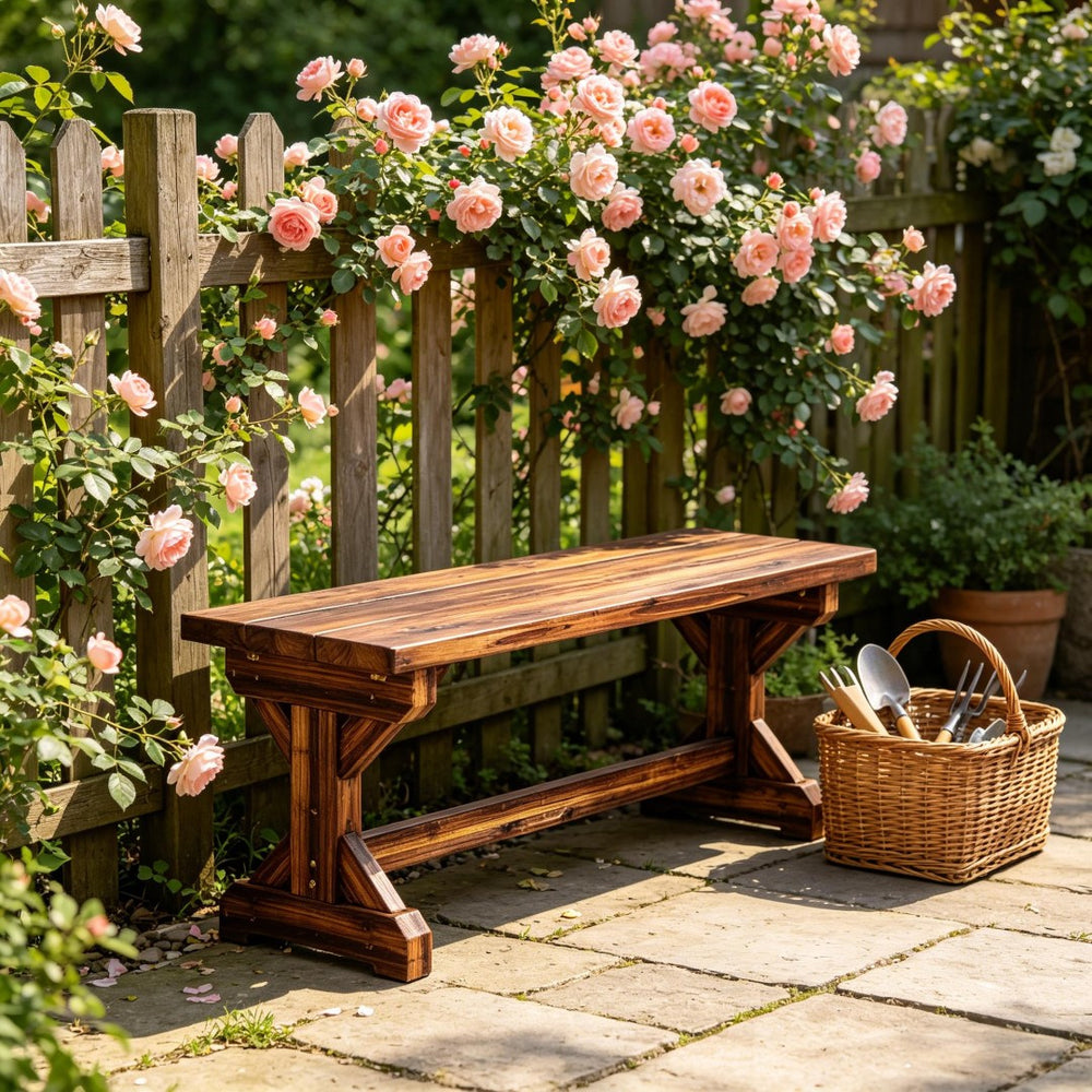 English Elm Backless Carbonized Fir Wood Patio Bench X Base Farmhouse Outdoor Seat for Two T3971P502333