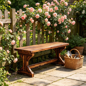 English Elm Backless Carbonized Fir Wood Patio Bench X Base Farmhouse Outdoor Seat for Two T3971P502333