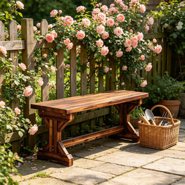 English Elm Backless Carbonized Fir Wood Patio Bench X Base Farmhouse Outdoor Seat for Two T3971P502333