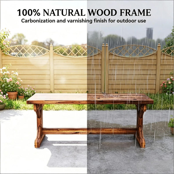 English Elm Backless Carbonized Fir Wood Patio Bench X Base Farmhouse Outdoor Seat for Two T3971P502333