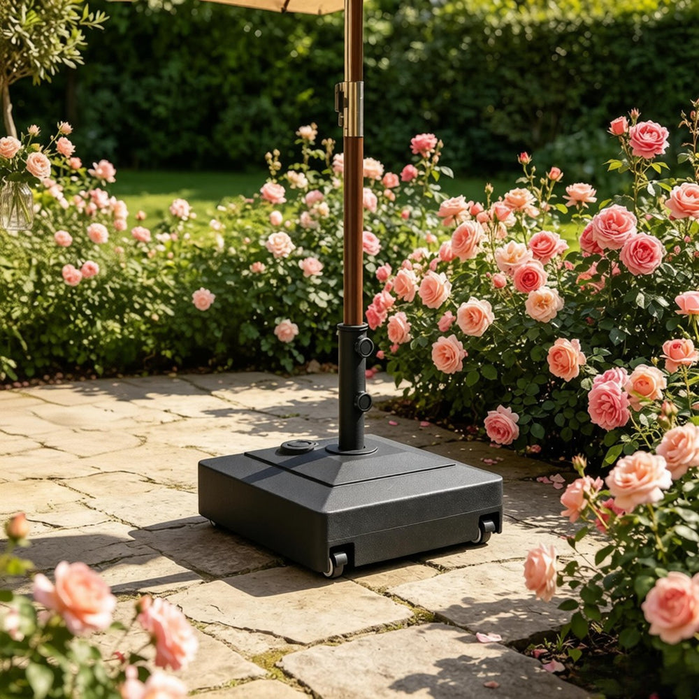 English Elm Fillable Outdoor Umbrella Stand with Wheels Heavy Duty Hdpe Patio Base 134 Lb T3971P502369