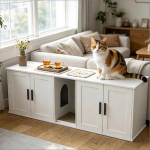 English Elm Multifunctional Hidden Litter Box Cabinet MDF Console TV Stand for Two Cats T3971P504035