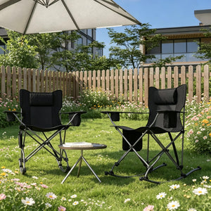 English Elm Set of 2 Folding Rocking Camp Chairs with Steel Frame Mesh Back and Padded Headrest T3971P505803