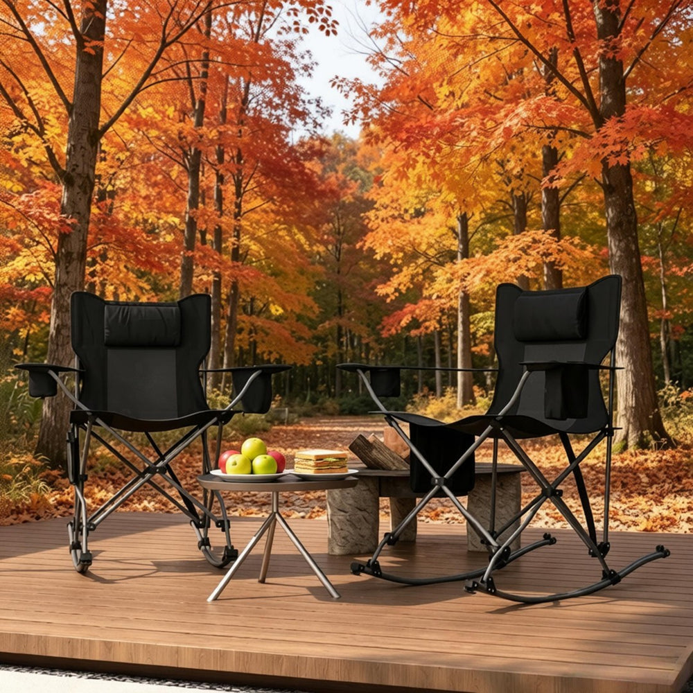 English Elm Set of 2 Folding Rocking Camp Chairs with Steel Frame Mesh Back and Padded Headrest T3971P505803