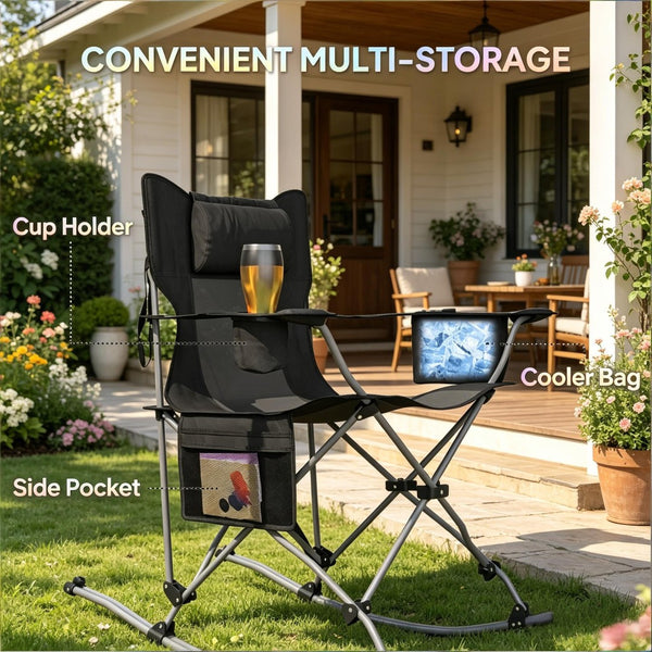 English Elm Set of 2 Folding Rocking Camp Chairs with Steel Frame Mesh Back and Padded Headrest T3971P505803