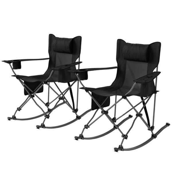 English Elm Set of 2 Folding Rocking Camp Chairs with Steel Frame Mesh Back and Padded Headrest T3971P505803