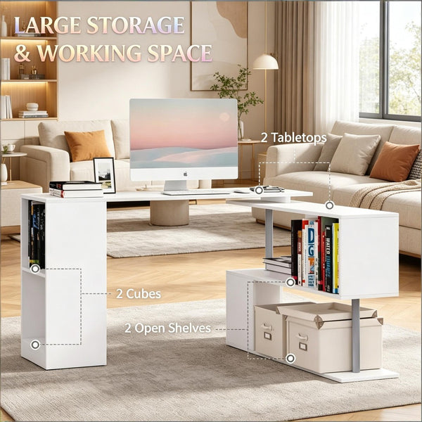 English Elm L-shaped Rotating Corner Computer Desk Engineered Wood Home Office Storage Cubbies T3971P507973