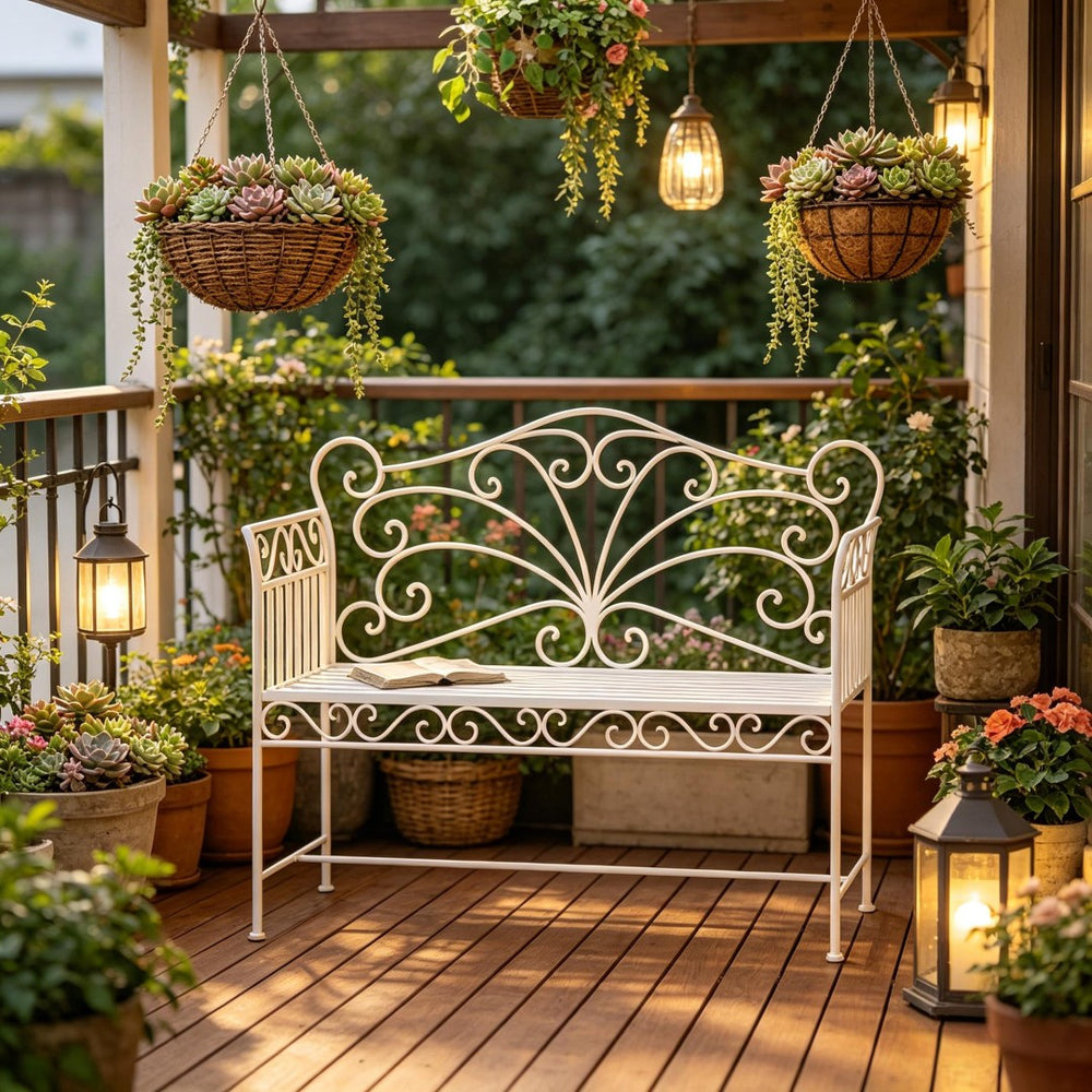English Elm Outdoor Steel Wire Garden Bench Ornate Scrollwork Powder Coated Two Seat Porch Accent T3971P507982