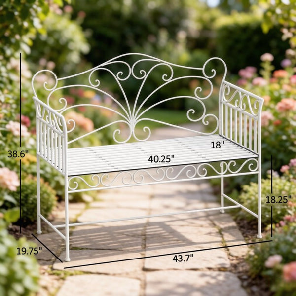English Elm Outdoor Steel Wire Garden Bench Ornate Scrollwork Powder Coated Two Seat Porch Accent T3971P507982