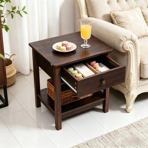 English Elm Vintage Dark Brown Mdf End Table with Drawer and Open Shelf for Bedroom or Living Room T3971P508091