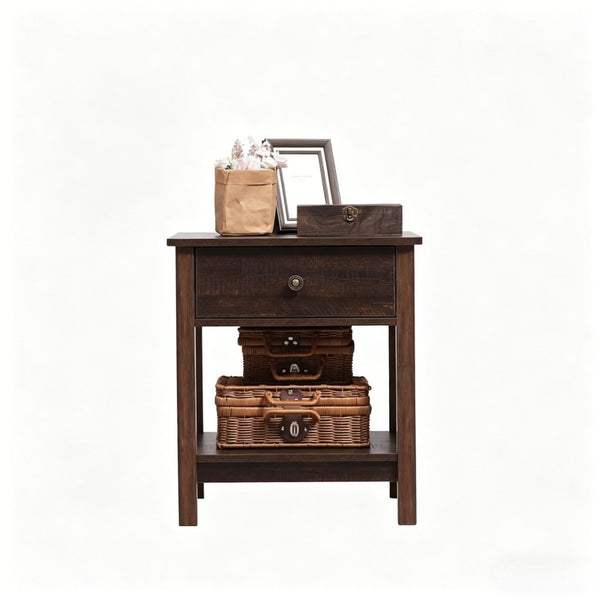 English Elm Vintage Dark Brown Mdf End Table with Drawer and Open Shelf for Bedroom or Living Room T3971P508091