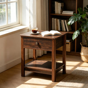 English Elm Vintage Dark Brown Mdf End Table with Drawer and Open Shelf for Bedroom or Living Room T3971P508091