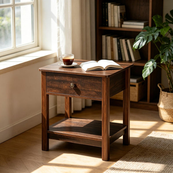 English Elm Vintage Dark Brown Mdf End Table with Drawer and Open Shelf for Bedroom or Living Room T3971P508091