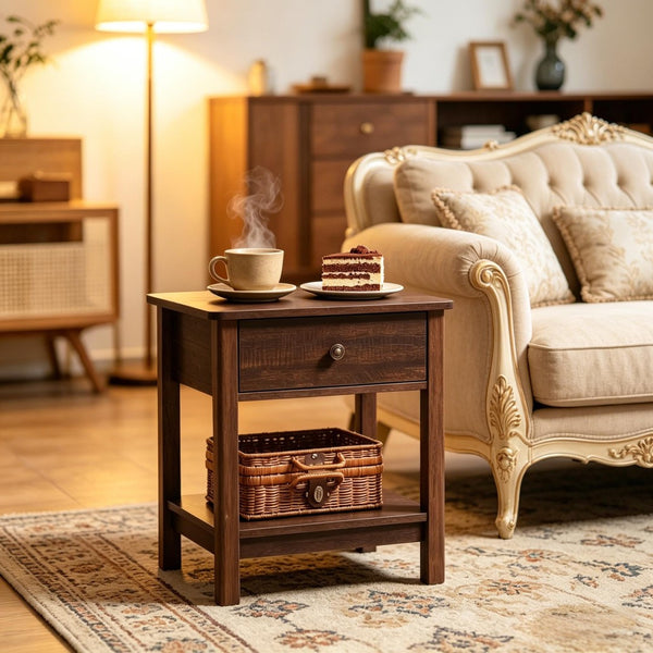 English Elm Vintage Dark Brown Mdf End Table with Drawer and Open Shelf for Bedroom or Living Room T3971P508091